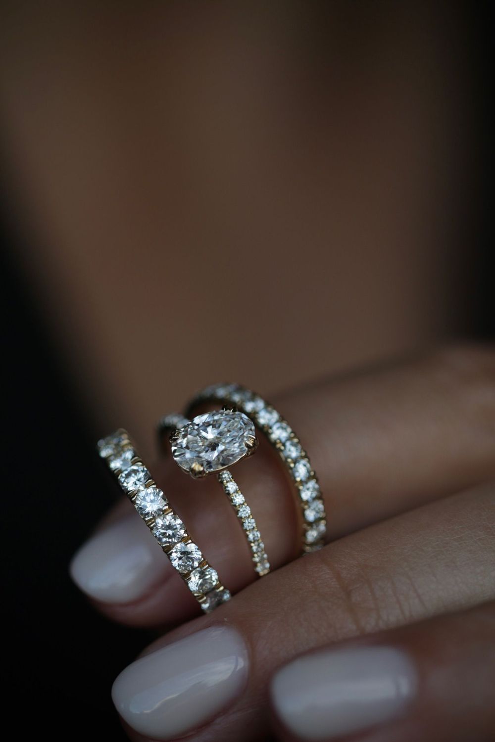 Above: Nangi Oval Swan Double Prongs with Pavé stacked with Eternity Swan Band in solid 14k yellow gold