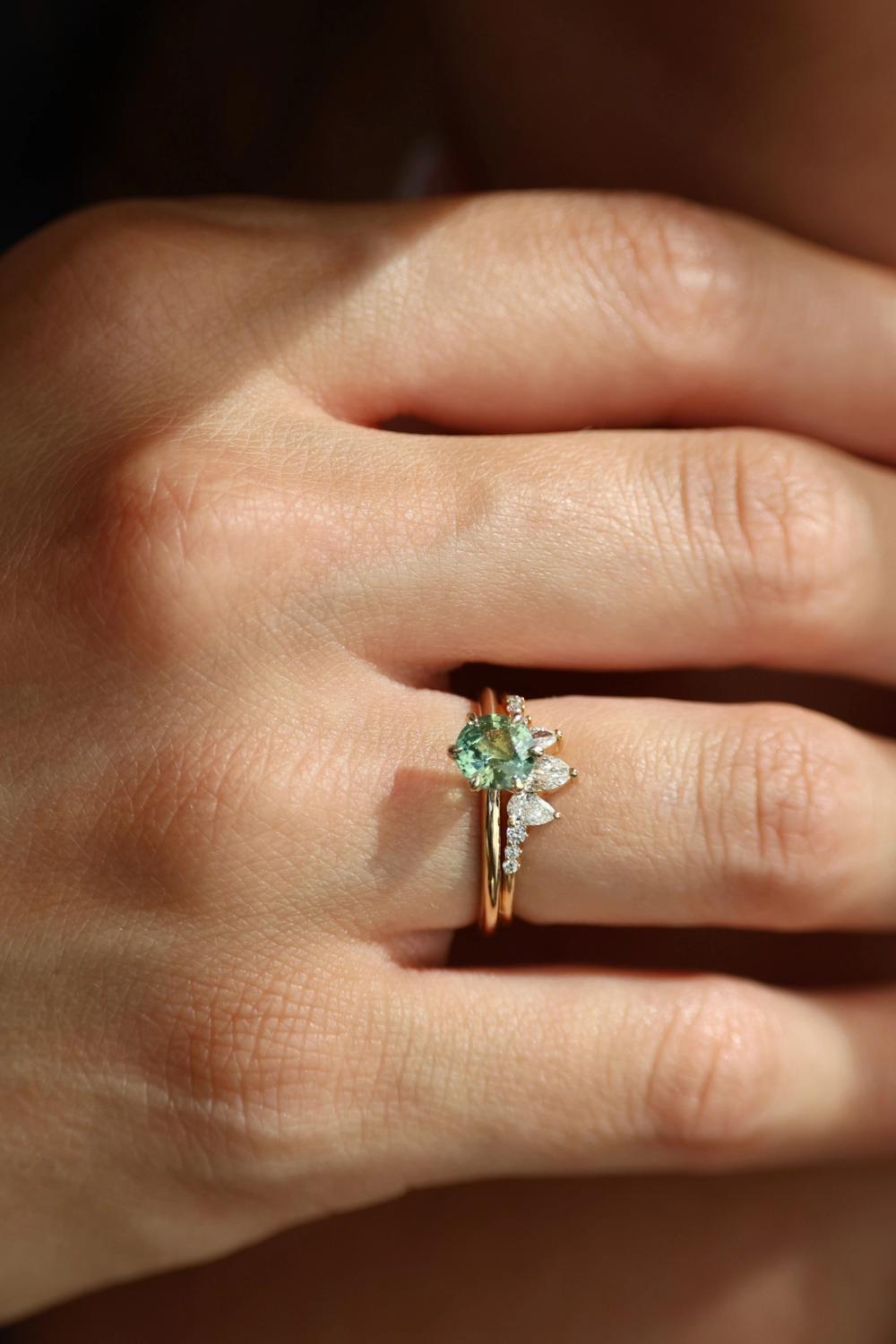 Seafoam Peacock Round Sapphire Ring stacked