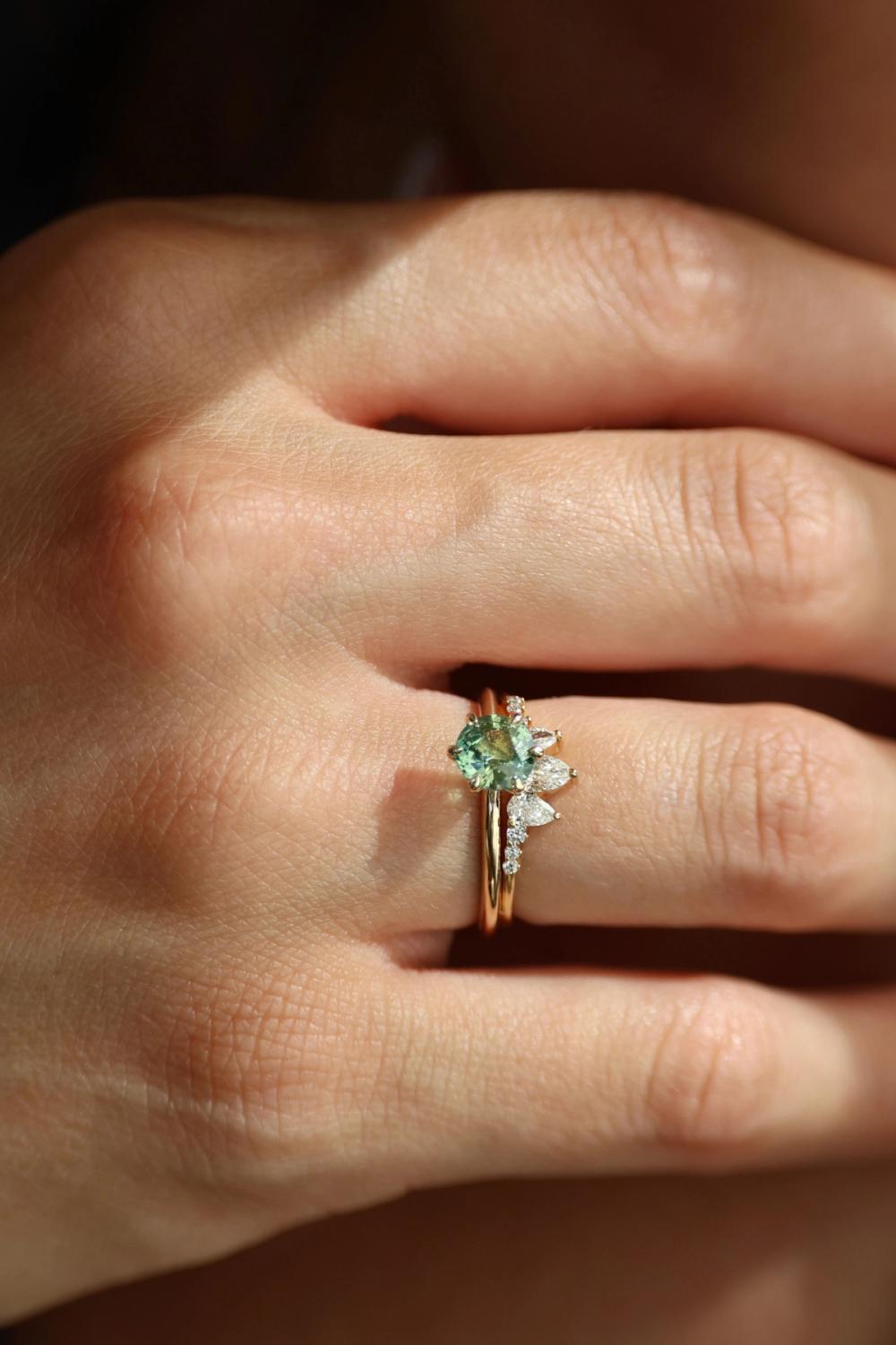 Seafoam Peacock Round Sapphire Ring stacked 