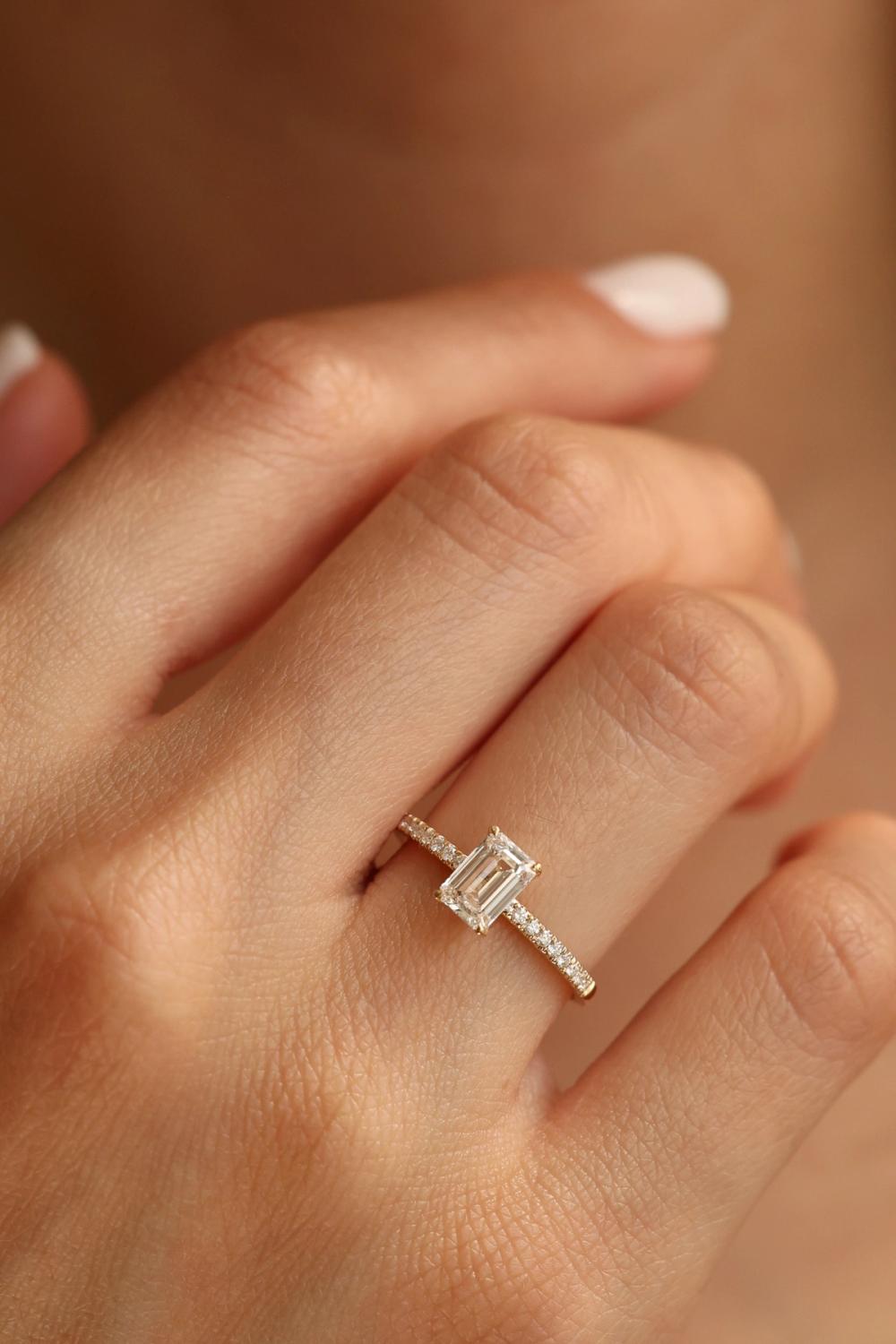 Engagement ring emerald-cut lab-grown diamond sophisticated and modern