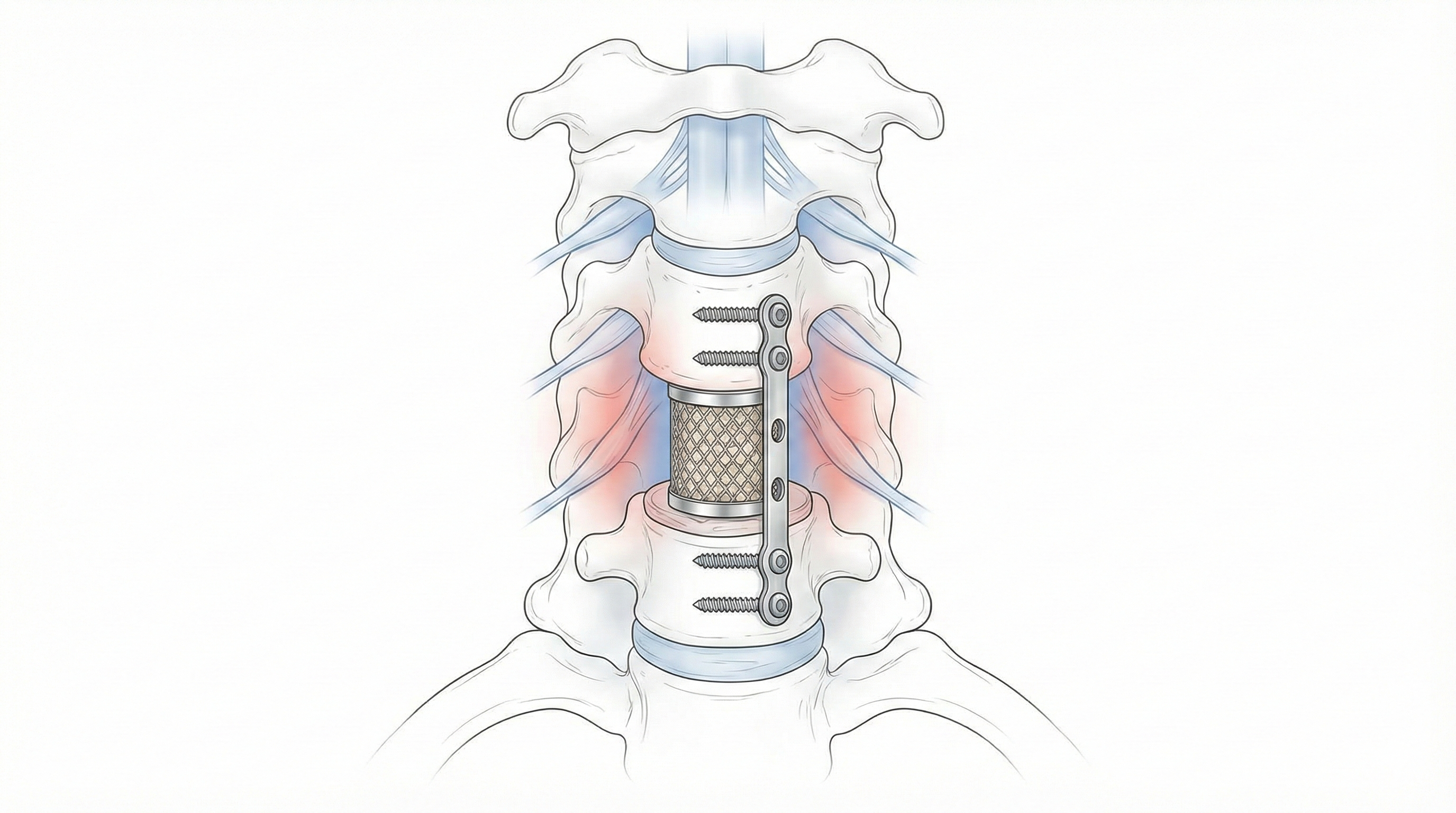 Ilustración de corpectomía cervical para descomprimir la médula.