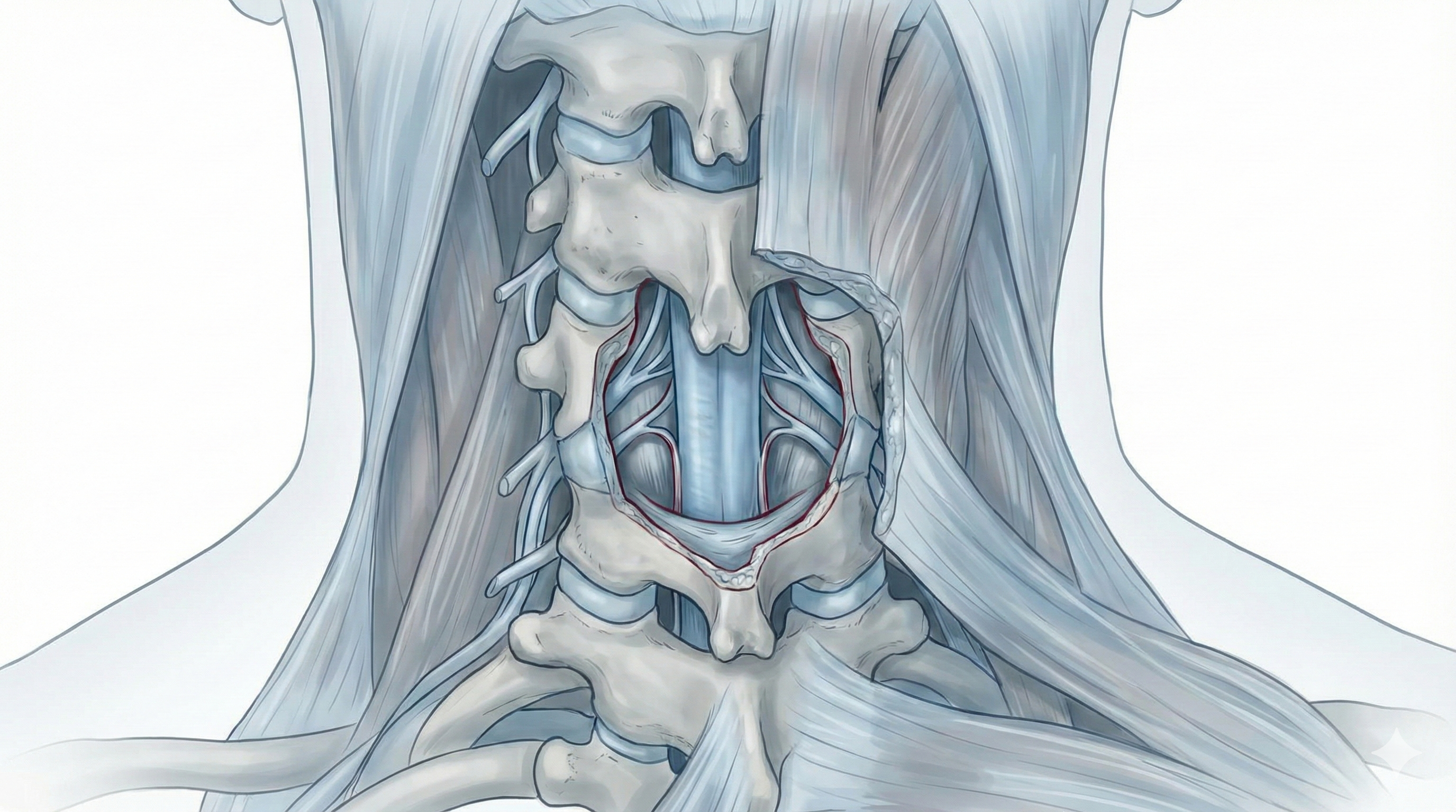 Ilustración de laminectomía cervical para ampliar el canal medular.