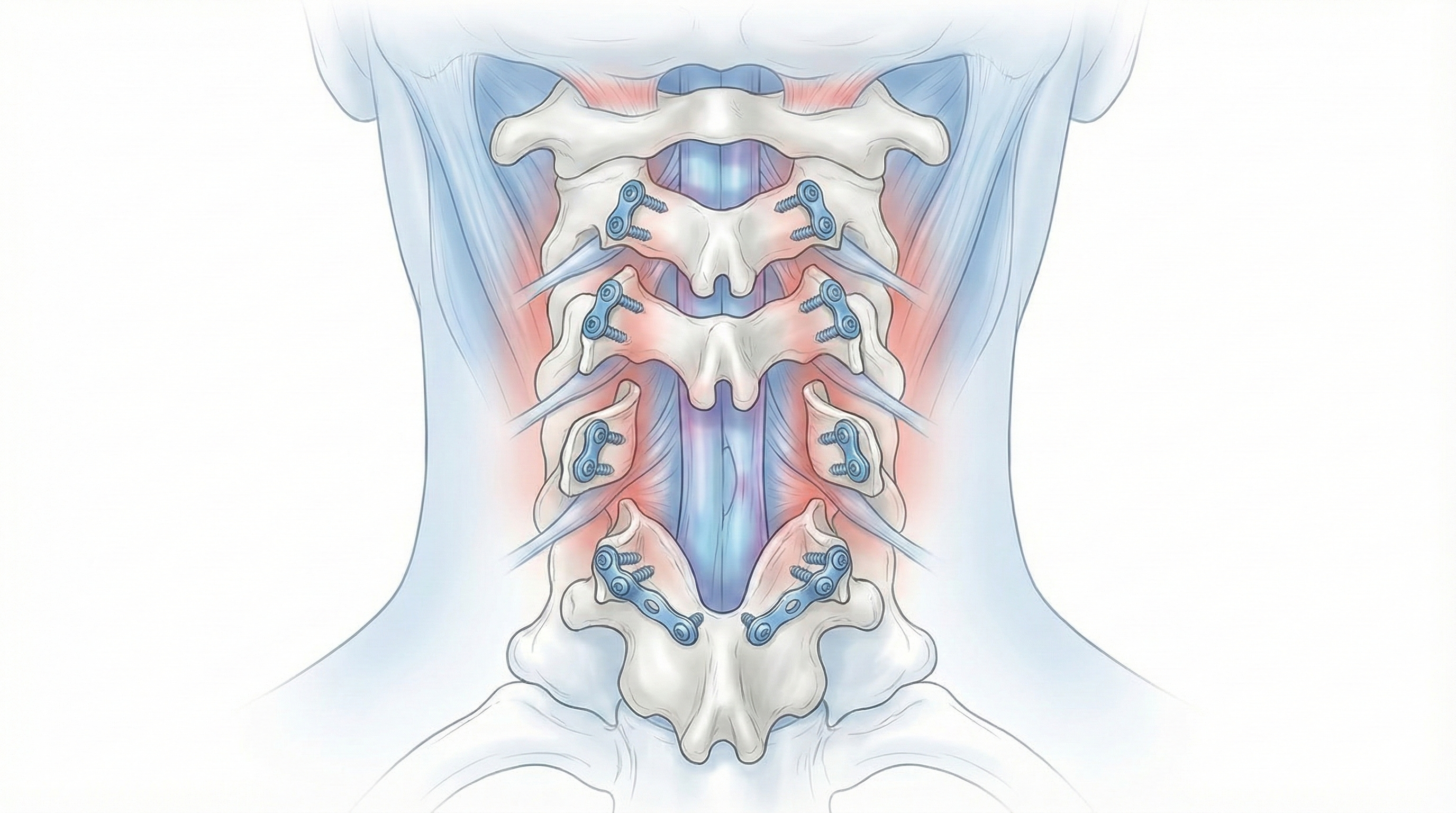 Esquema ilustrado de laminoplastia cervical expansiva para ampliar el canal medular.