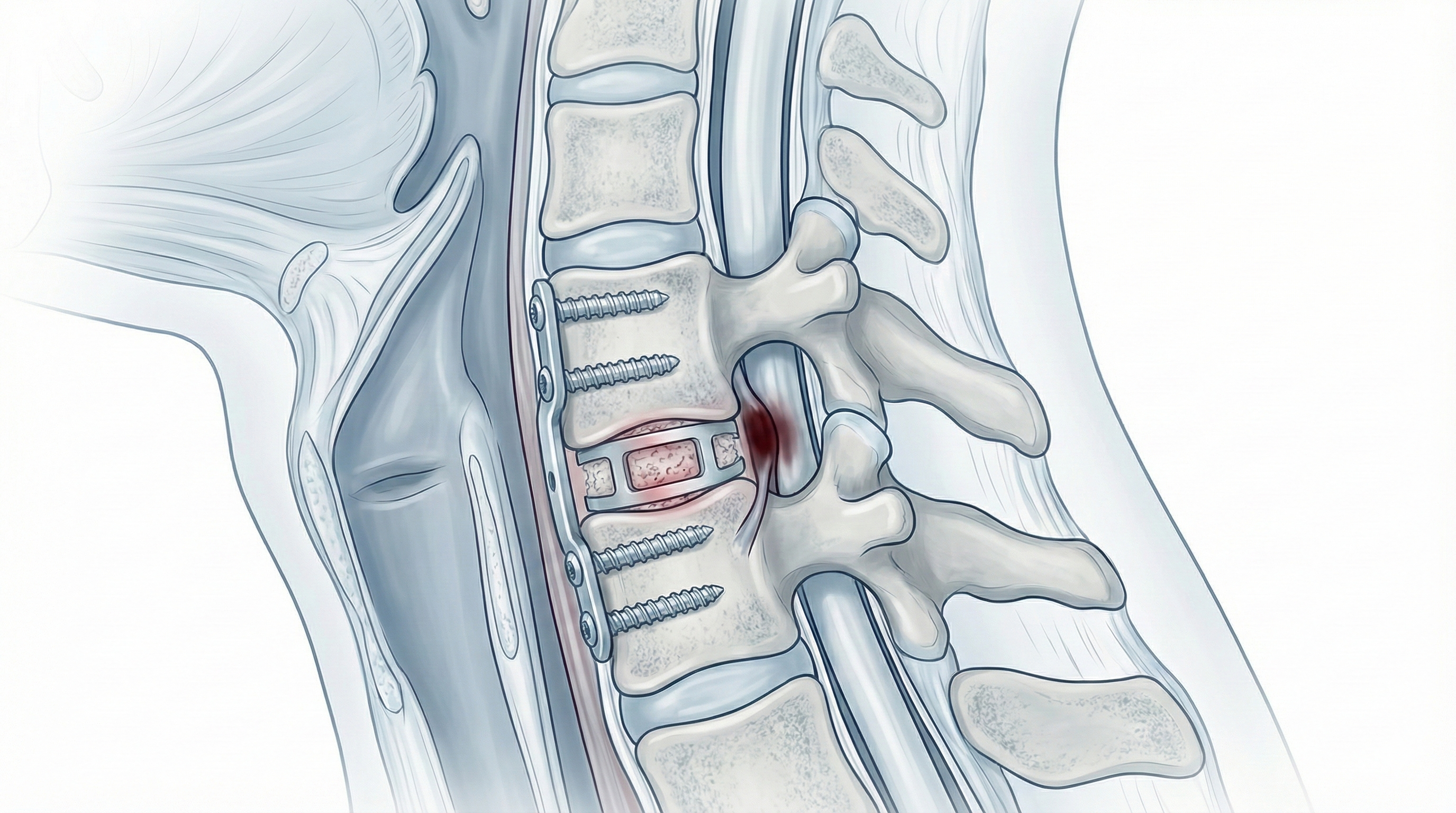 Ilustración de artrodesis cervical anterior con placa.