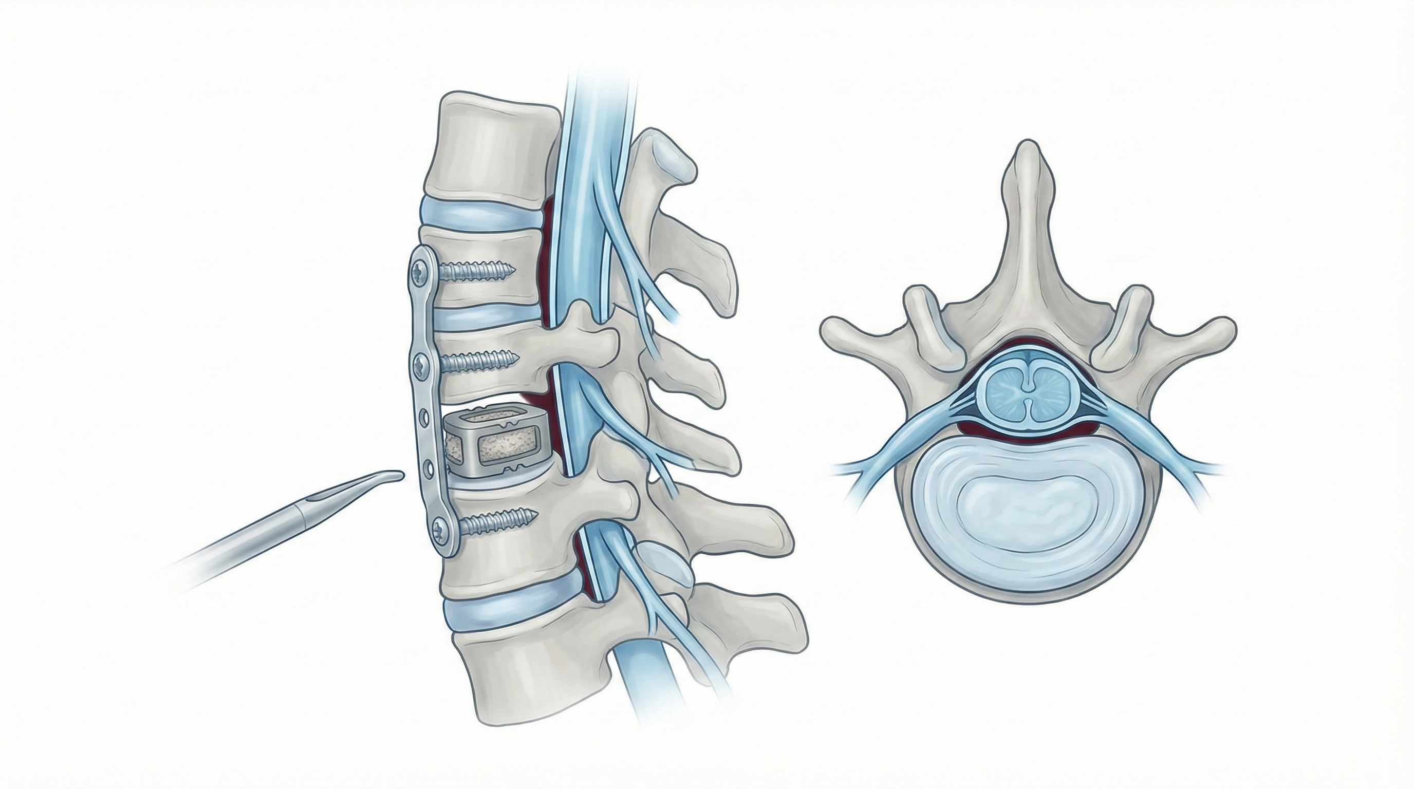 Ilustración de discectomía cervical anterior con fusión para estabilizar el segmento.