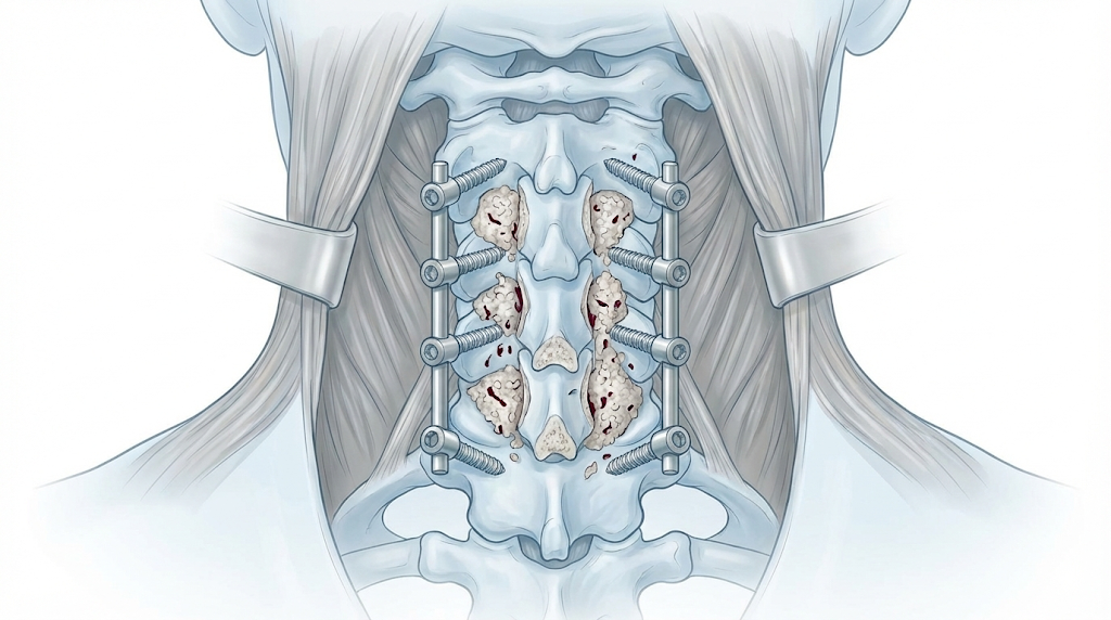 Ilustración de artrodesis cervical posterior con tornillos y barras.