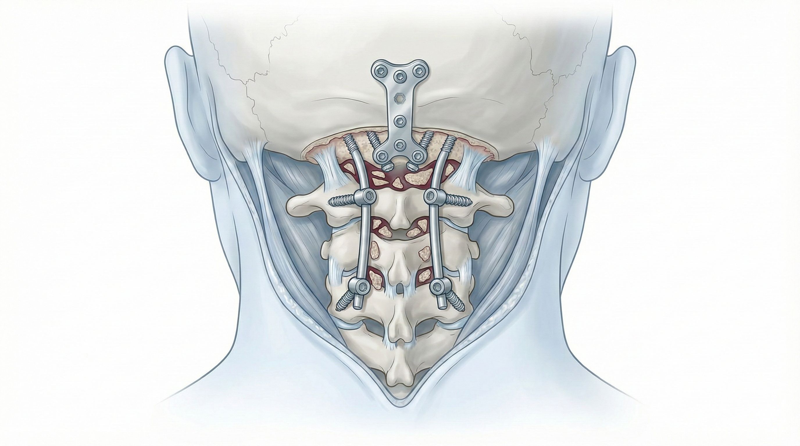 Ilustración de fusión occipitocervical para estabilizar la unión craneocervical.