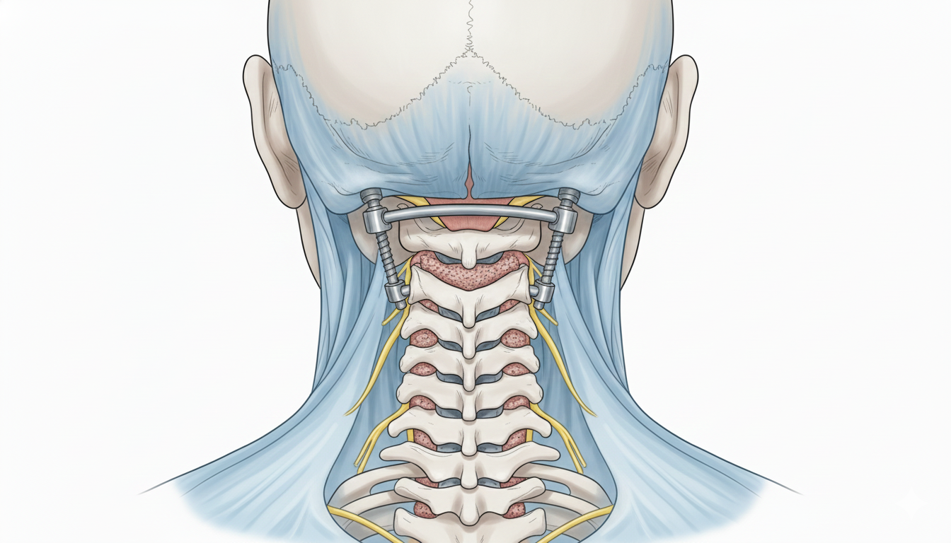 Ilustración de artrodesis atlanto-axoidea C1–C2 para estabilizar la columna cervical alta.