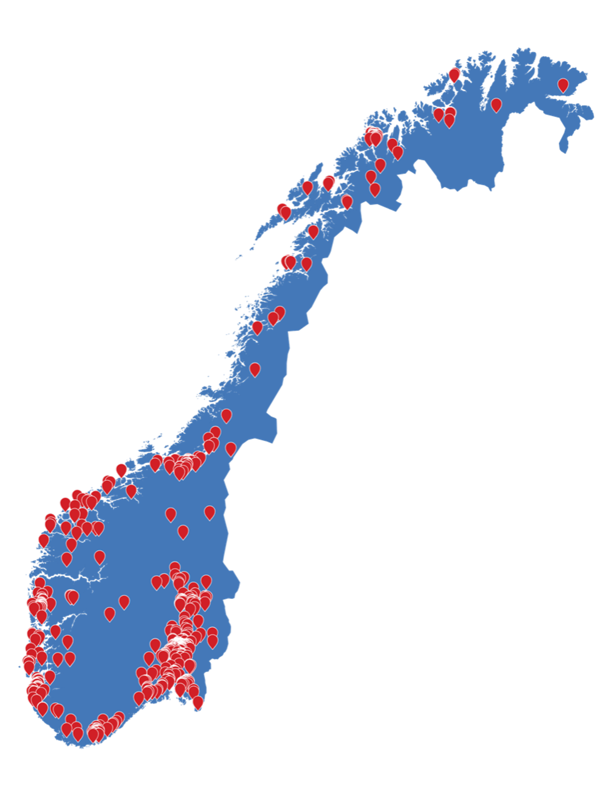 Kart over Norge med én nål per bestilling