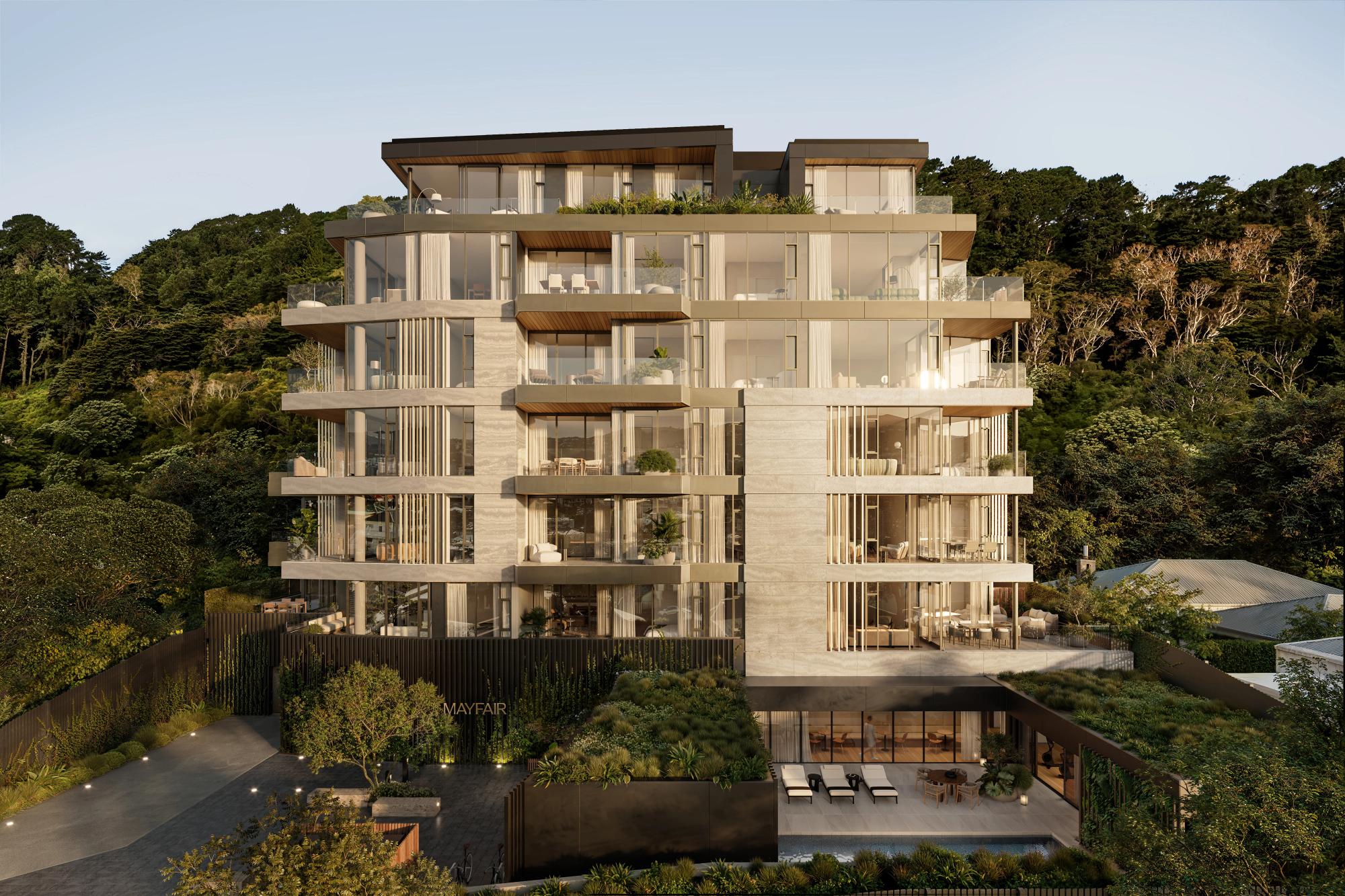 Aerial view of a Forma Group development at dusk