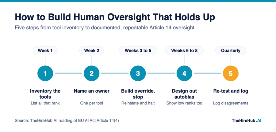 Human in the loop hiring rollout timeline, five stages from tool inventory and named overseer to override controls and quarterly re-testing