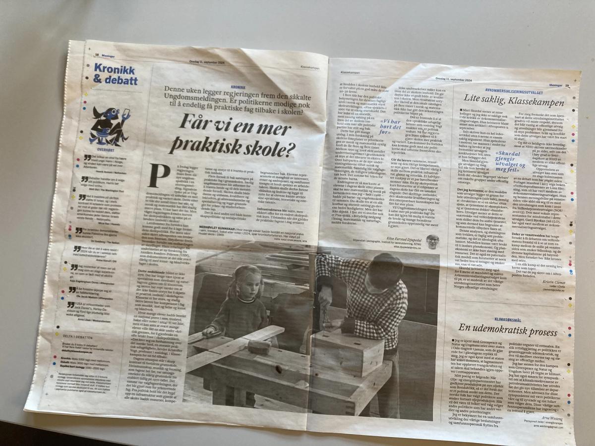 Faksimile av teksten min "Får vi en mer praktisk skole" i Klassekampen 11. september 2024