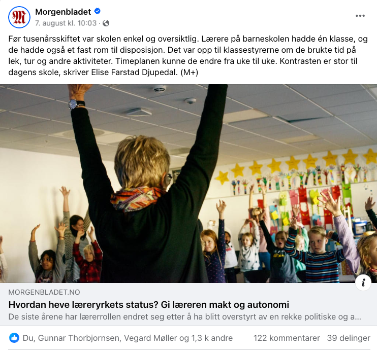 Skjermdump fra artikkelen på Facebook. 