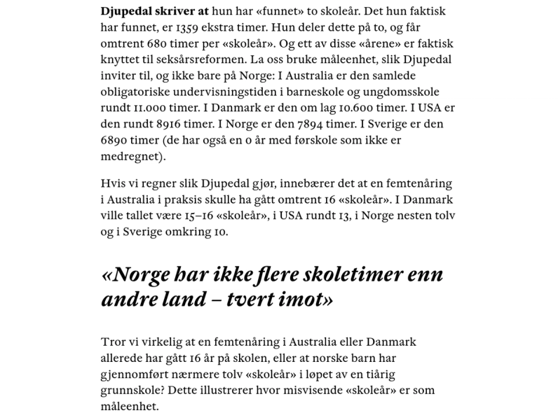 Faksimile av Skogvold Isaksens tekst "Hvor langt er et skoleår?" i Klassekampen.