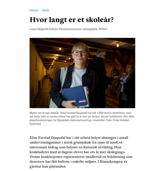 Faksimile av Skogvold Isaksens tekst "Hvor langt er et skoleår?" i Klassekampen.