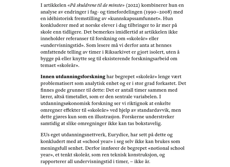 Faksimile av Skogvold Isaksens tekst "Hvor langt er et skoleår?" i Klassekampen.