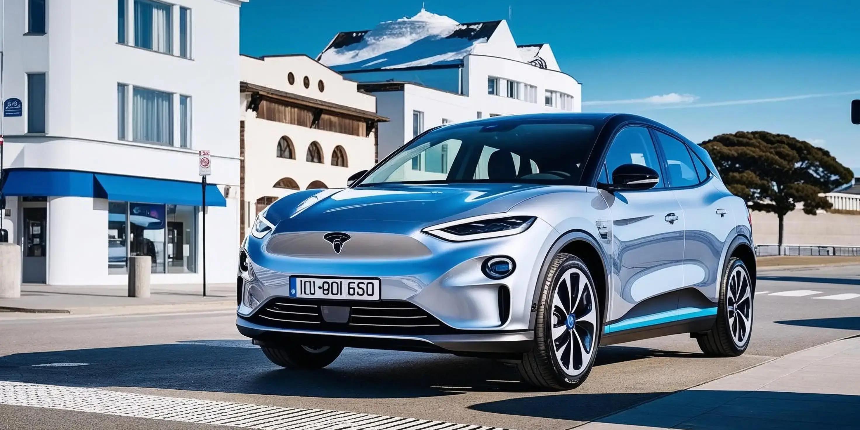 a silver electric car is parked on the side of the road in front of a building .