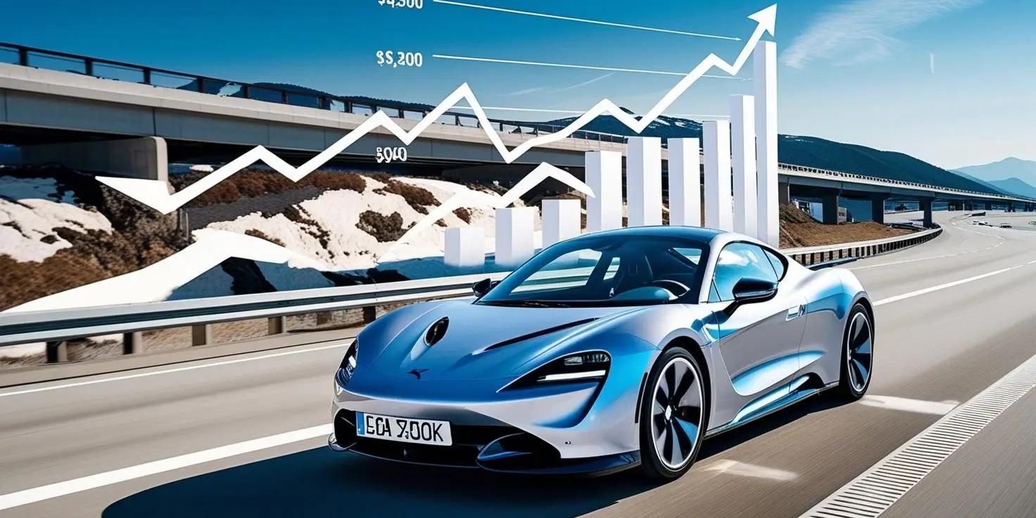 a blue sports car is driving down a highway next to a graph .