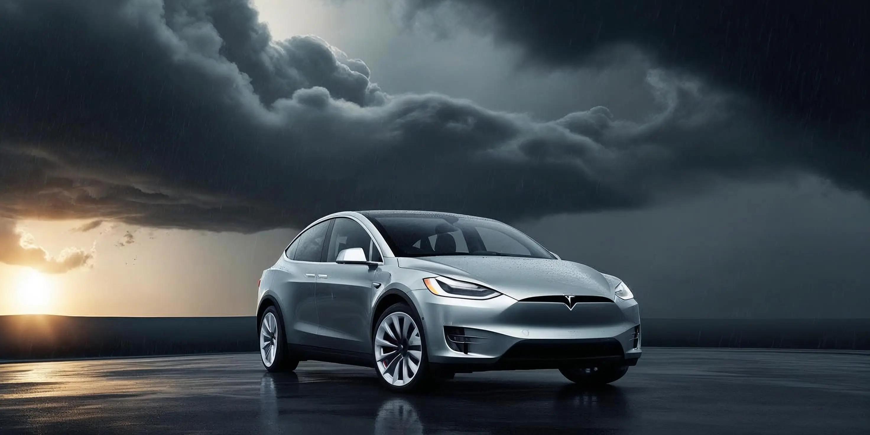 a silver tesla model x is parked on a wet road in front of a cloudy sky .