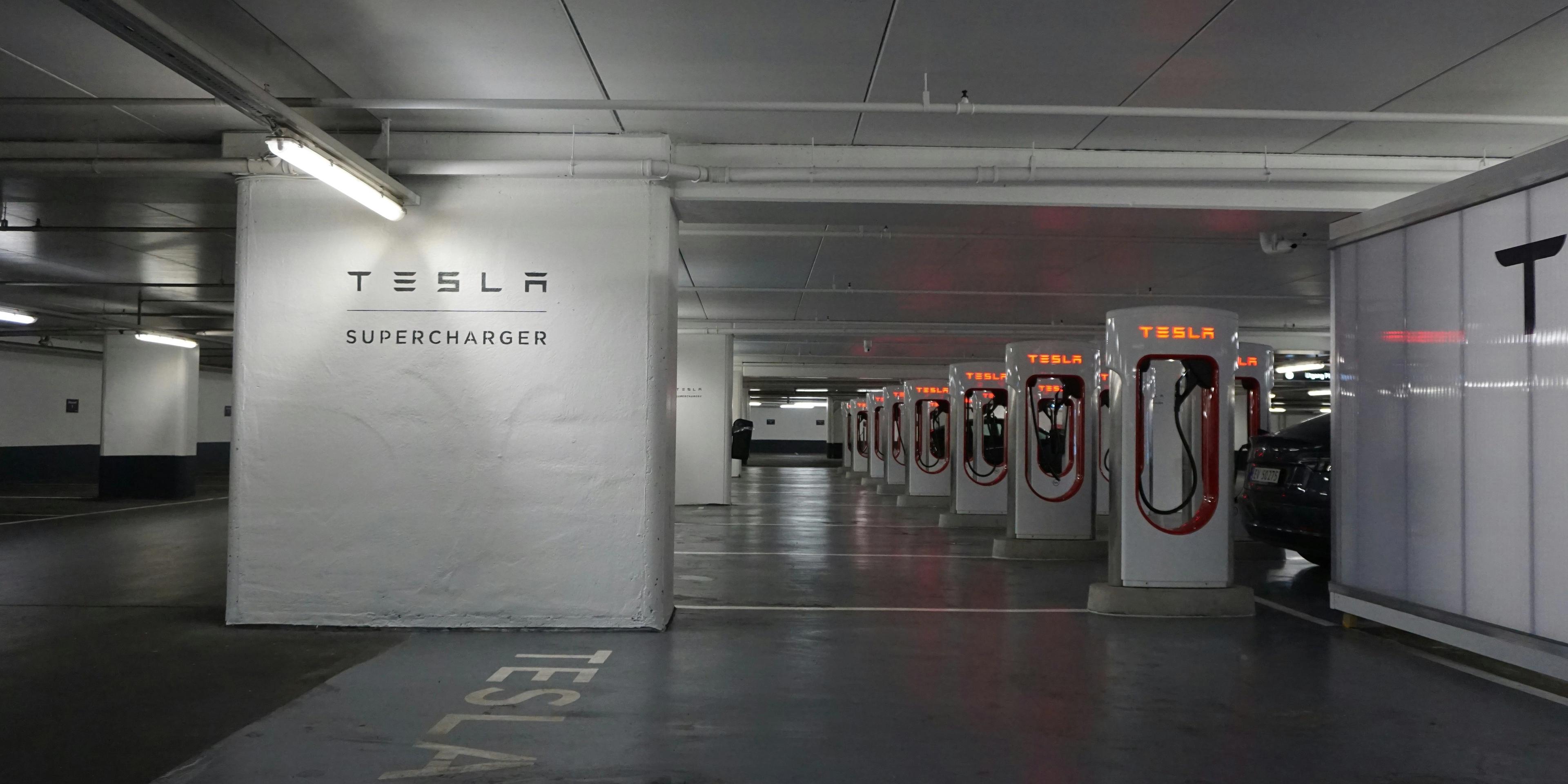 car park with tesla superchargers