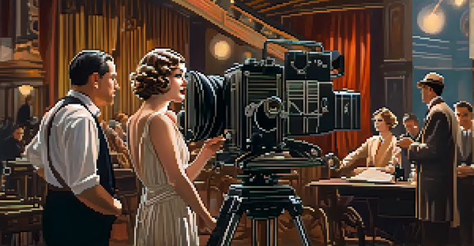 A female film director from the 1920s on a movie set, reviewing a script with crew members and vintage equipment around her.