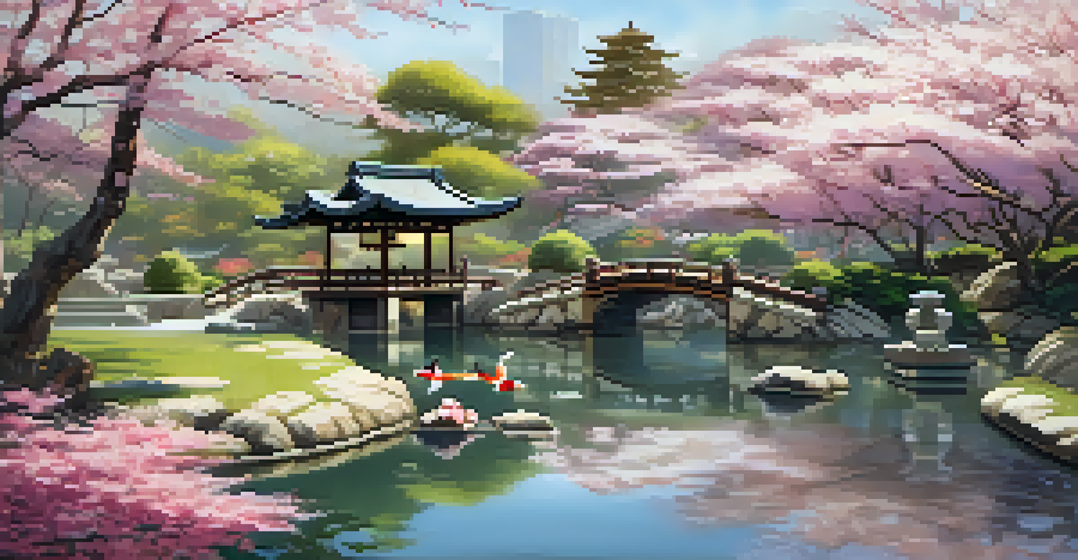 A peaceful Japanese garden filled with blooming cherry blossom trees, a koi pond, and stone lanterns under warm sunlight.