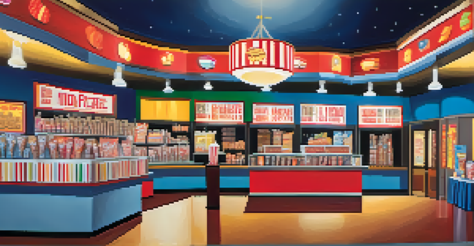 A busy movie theater lobby with people enjoying snacks at a colorful concession stand.