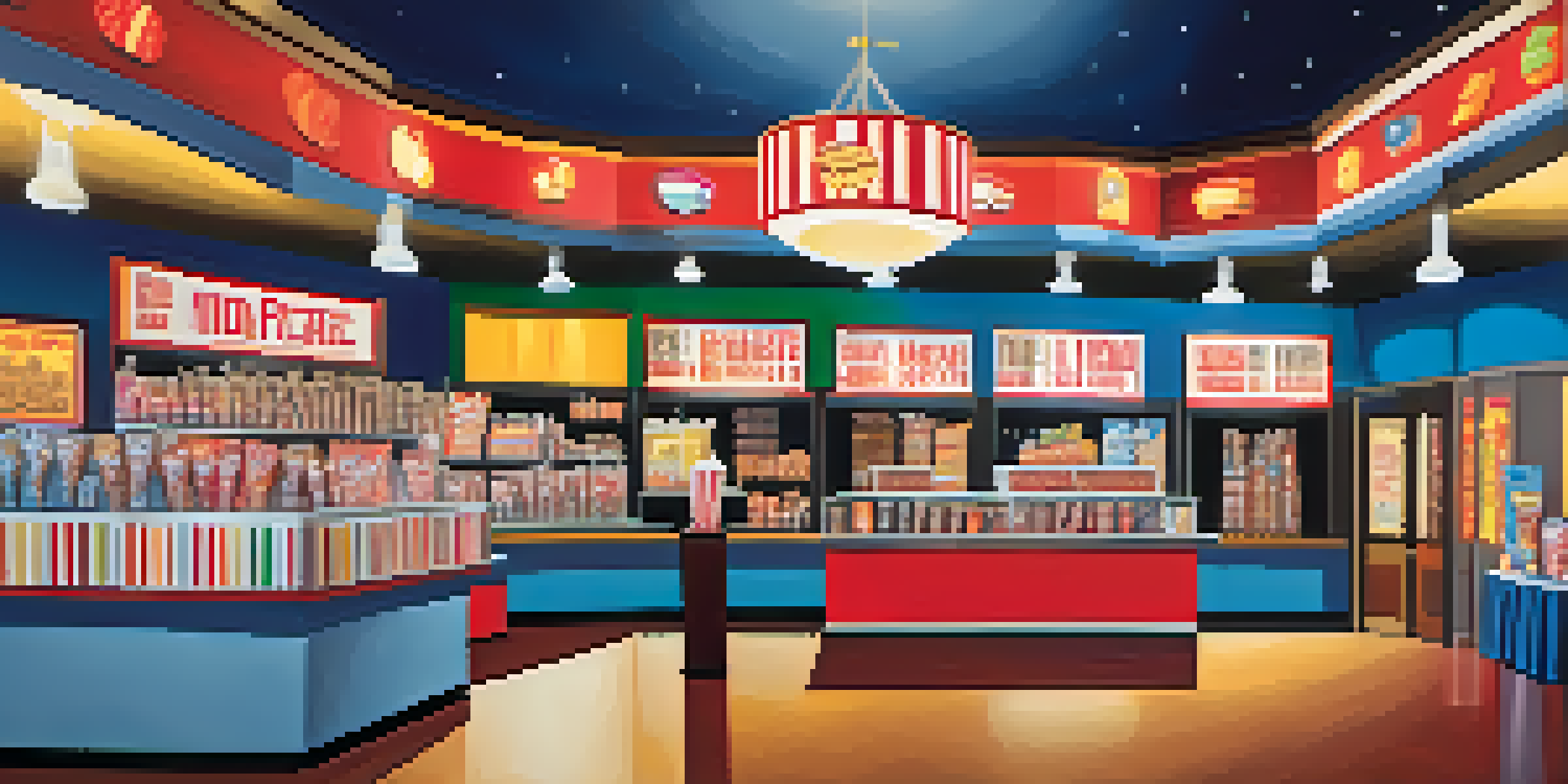 A busy movie theater lobby with people enjoying snacks at a colorful concession stand.