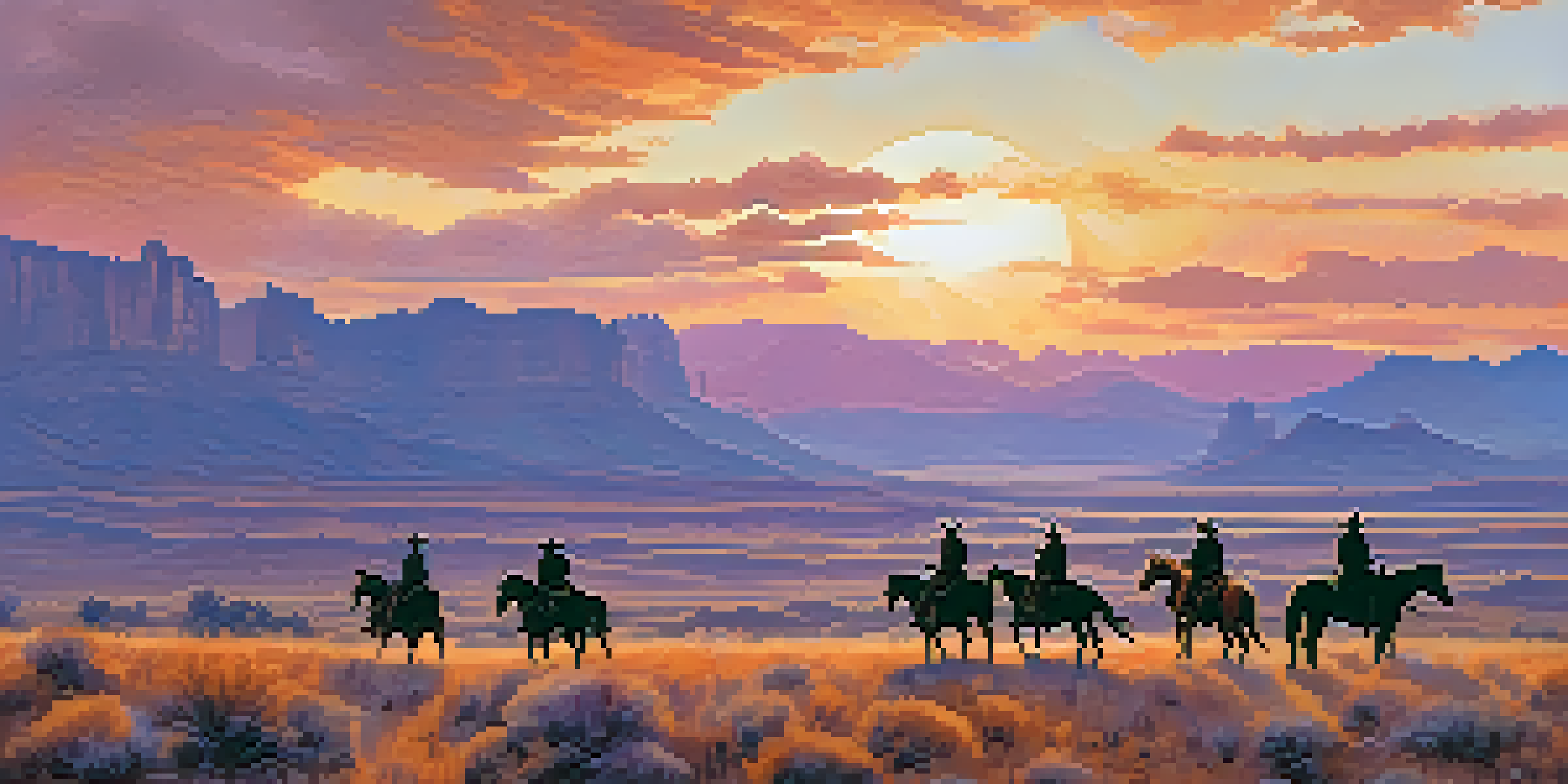 A panoramic view of the American West at sunset with silhouettes of cowboys on horseback.