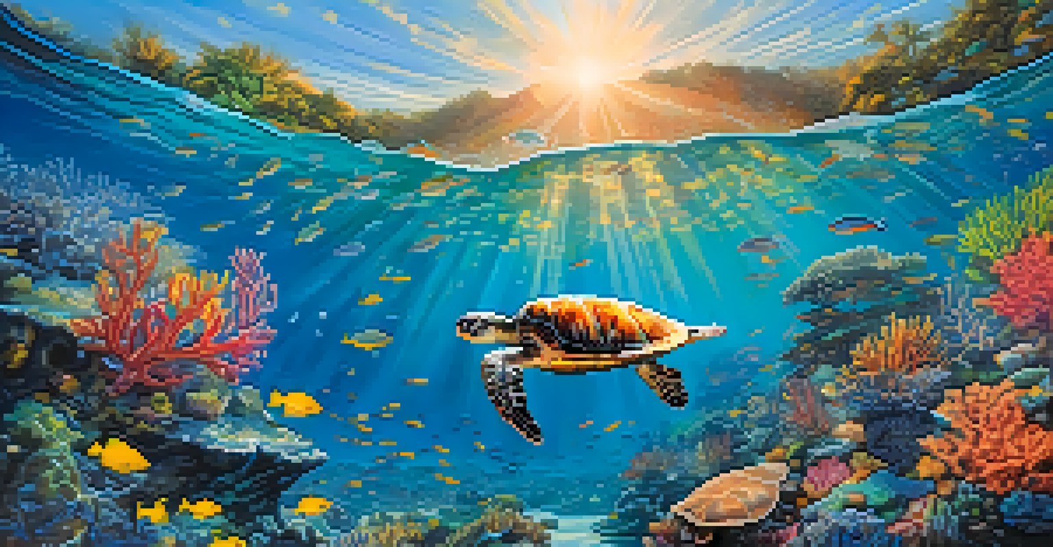 A colorful underwater coral reef with fish, a sea turtle, and sunlight filtering through water.