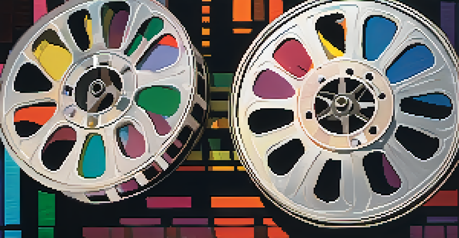 A close-up of a film reel with vibrant film strips unspooling against a dark background, illuminated to reveal various colorful scenes, highlighting the intricacies of filmmaking.