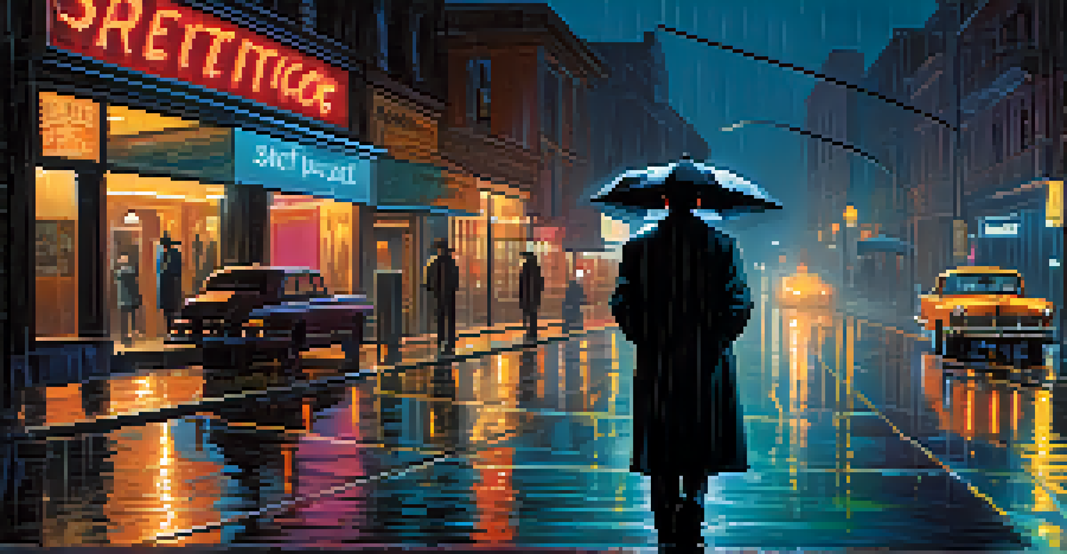 A film noir scene with a detective in a fedora standing under a streetlamp on a rain-soaked street illuminated by neon lights.