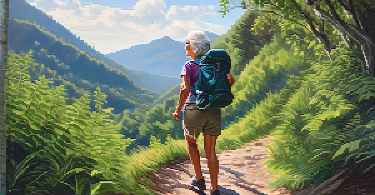 An elderly woman hiking on a beautiful trail, smiling amidst nature.