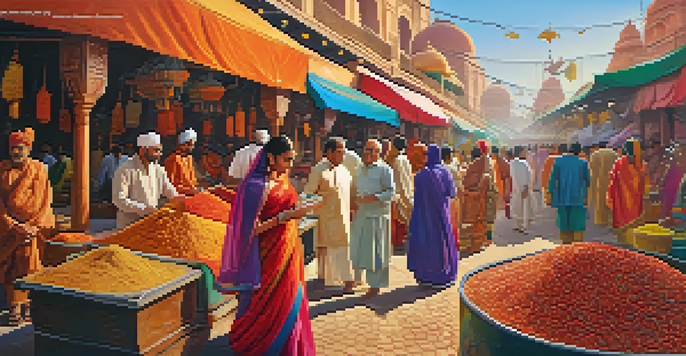 A colorful Bollywood film scene in a bustling marketplace with actors in traditional attire and vibrant stalls filled with spices and flowers.