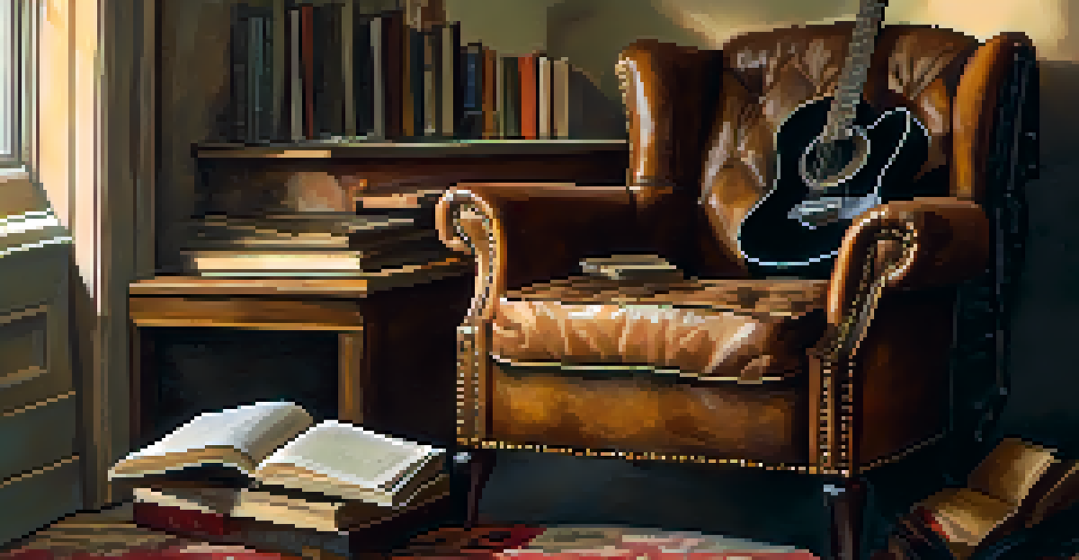 A worn leather jacket on a chair with a guitar and old books in a cozy room.