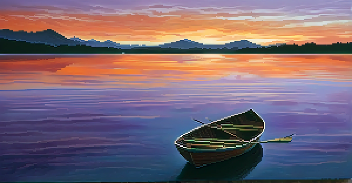 A beautiful sunset over a calm lake with a wooden dock and a rowboat.