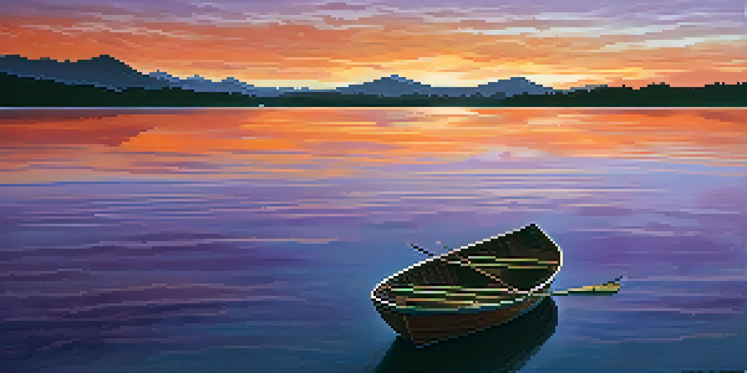 A beautiful sunset over a calm lake with a wooden dock and a rowboat.