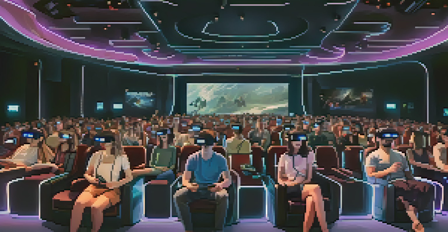Viewers in a futuristic cinema hall wearing VR headsets, immersed in an interactive movie experience with glowing screens around them.