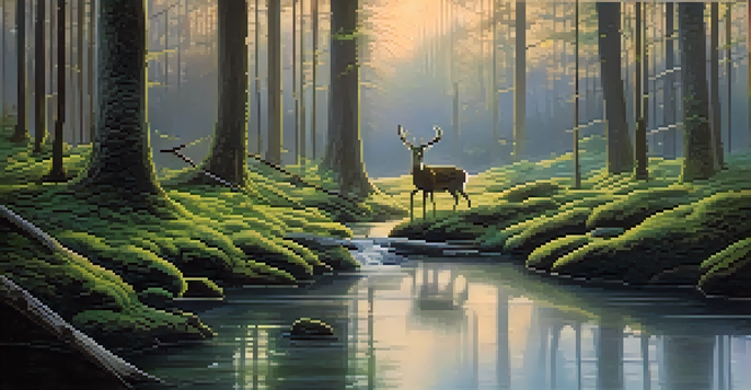 A tranquil forest at dawn with sunlight filtering through trees, a soft mossy ground, and a deer near a reflective stream.