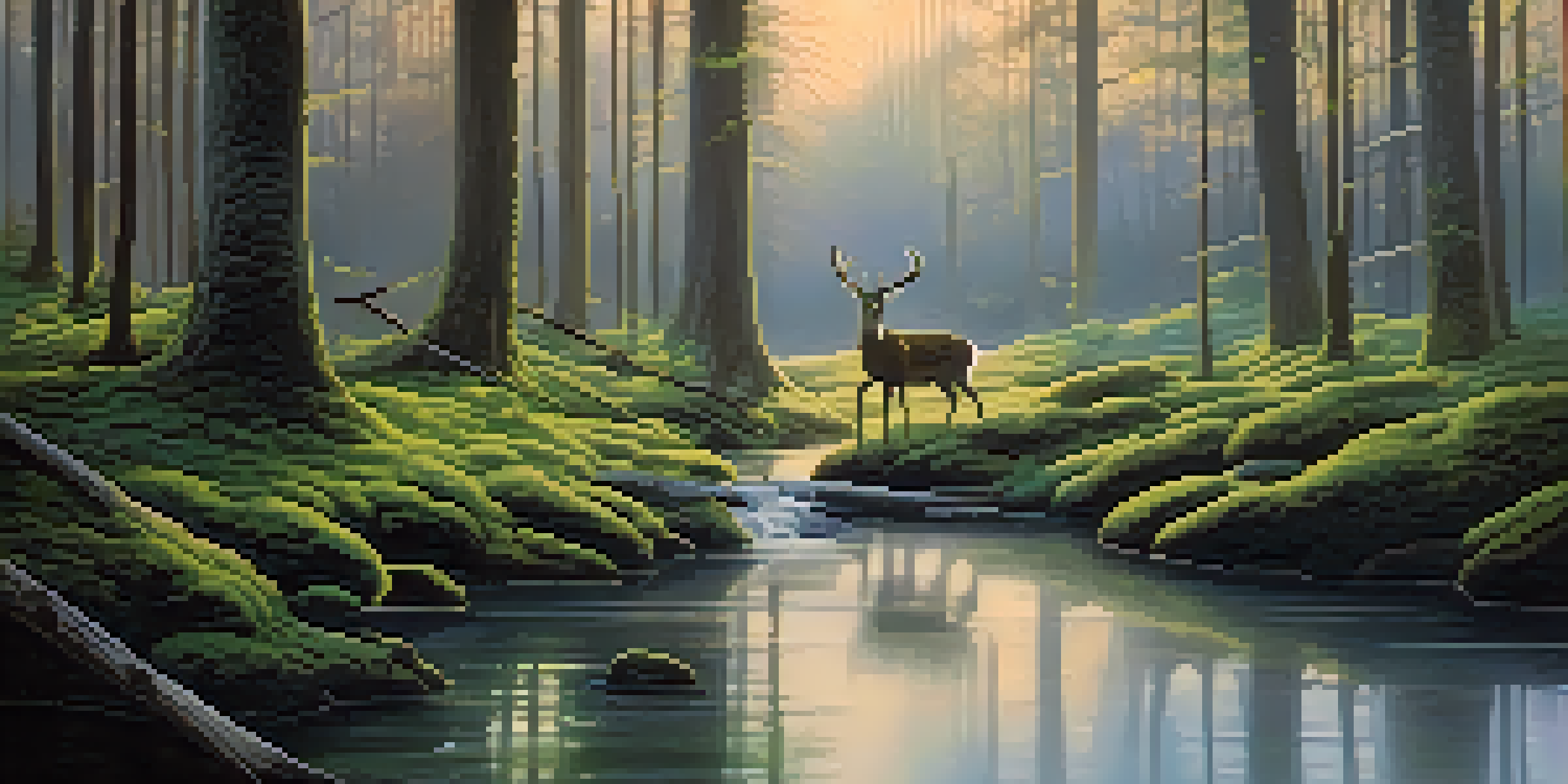 A tranquil forest at dawn with sunlight filtering through trees, a soft mossy ground, and a deer near a reflective stream.