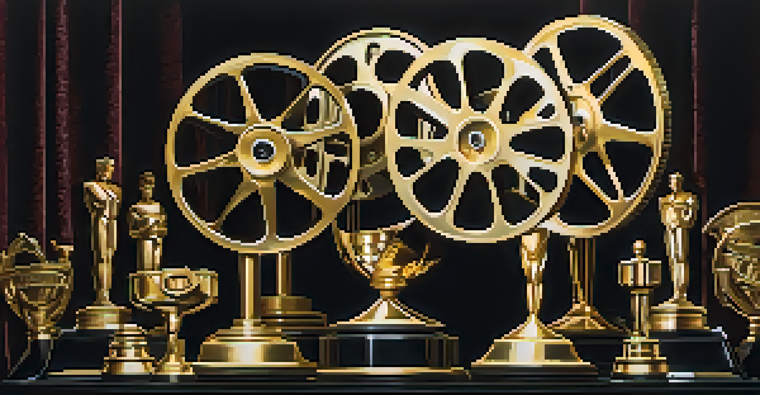 An artistic view of a film reel with award statuettes against a dark backdrop, highlighted by warm lighting.