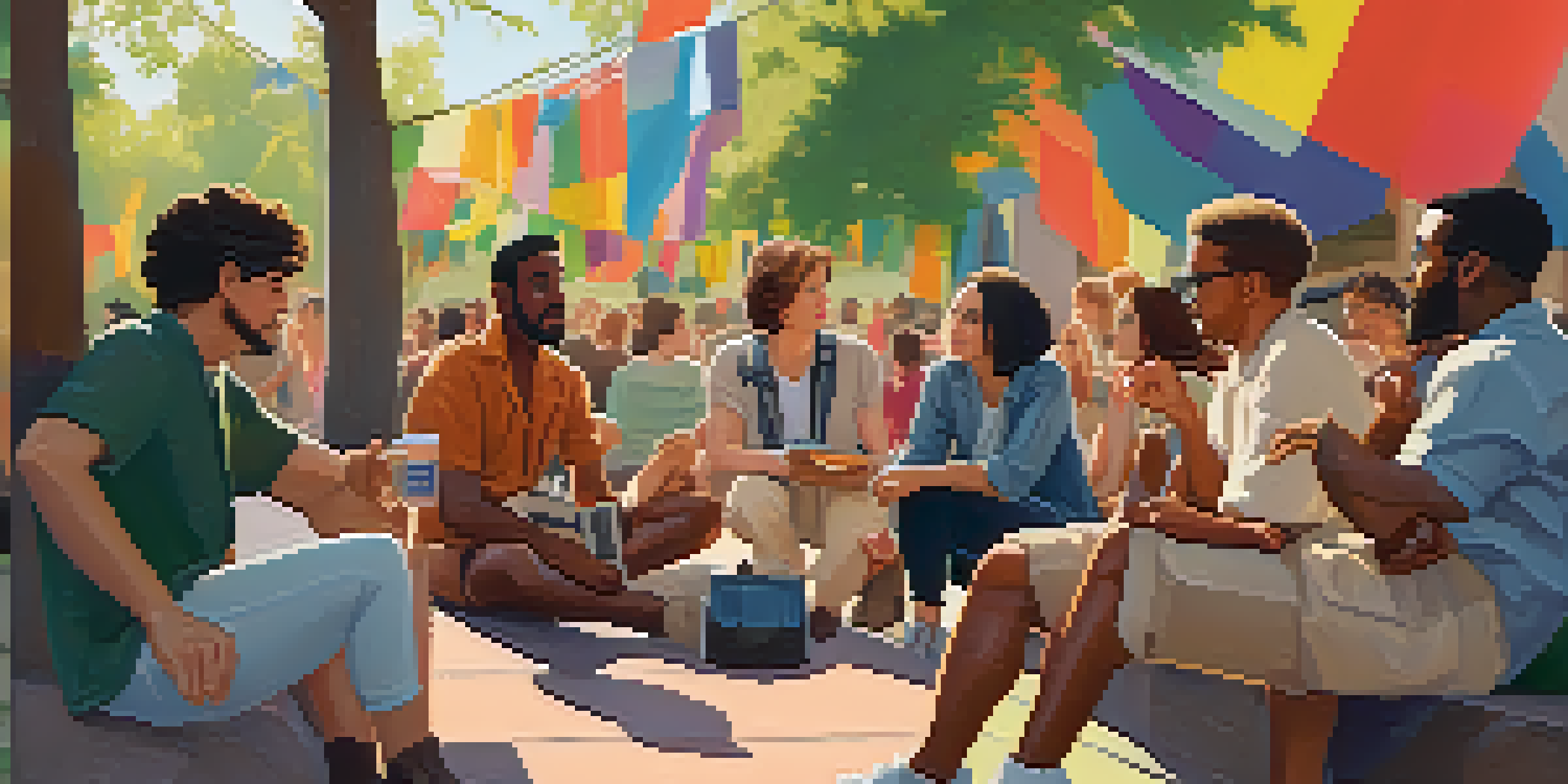 A diverse group of film critics discussing passionately at a film festival, surrounded by vibrant banners and film posters under sunlight.