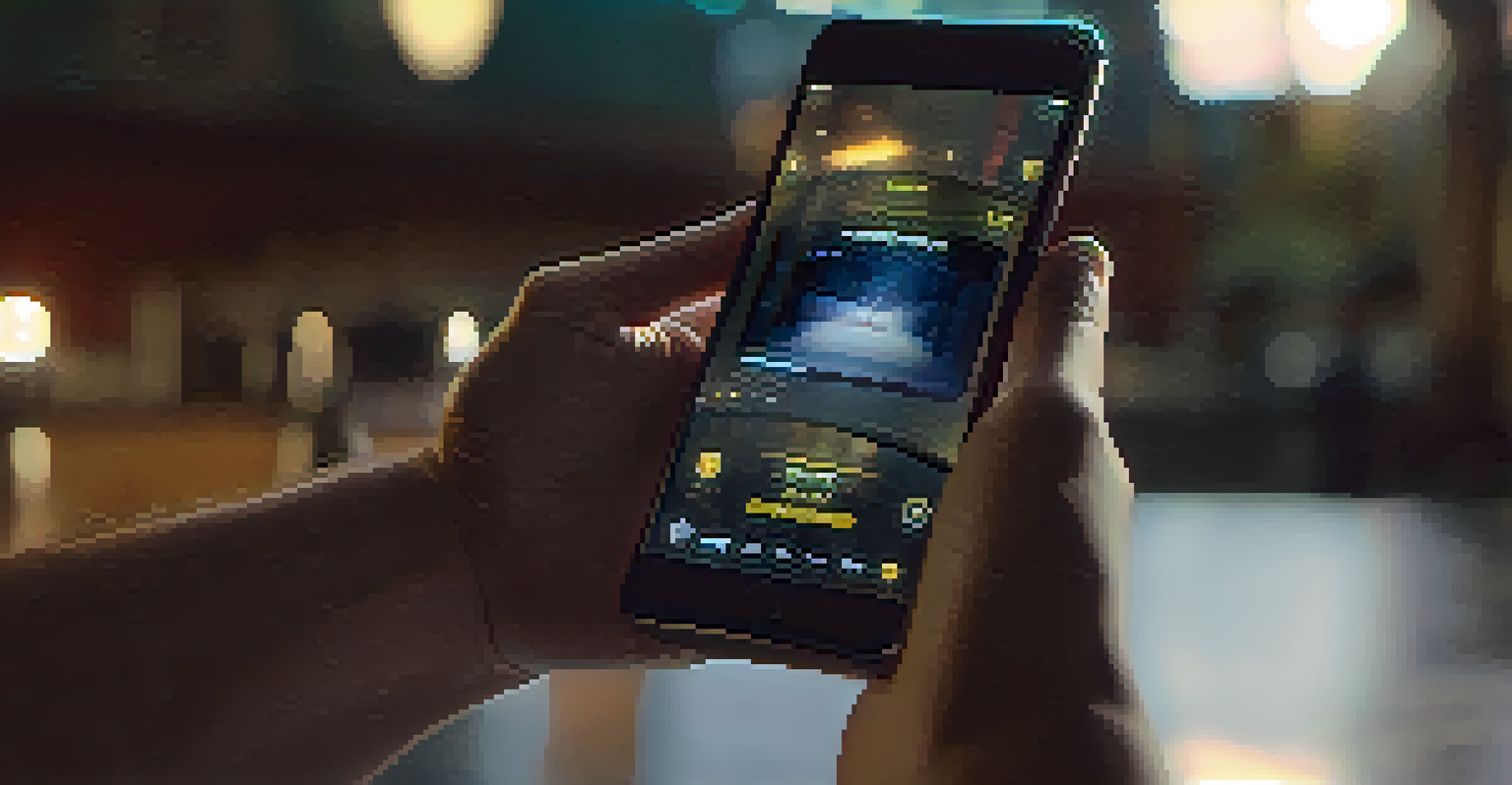 A smartphone displaying a movie trailer, held by a hand in a cozy, warmly lit environment.