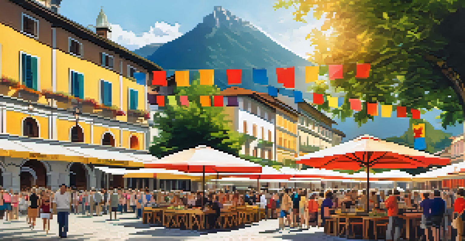 A lively scene at the Piazza Grande during the Locarno Film Festival, with festival-goers enjoying snacks and mingling against a backdrop of beautiful architecture and the Swiss Alps.