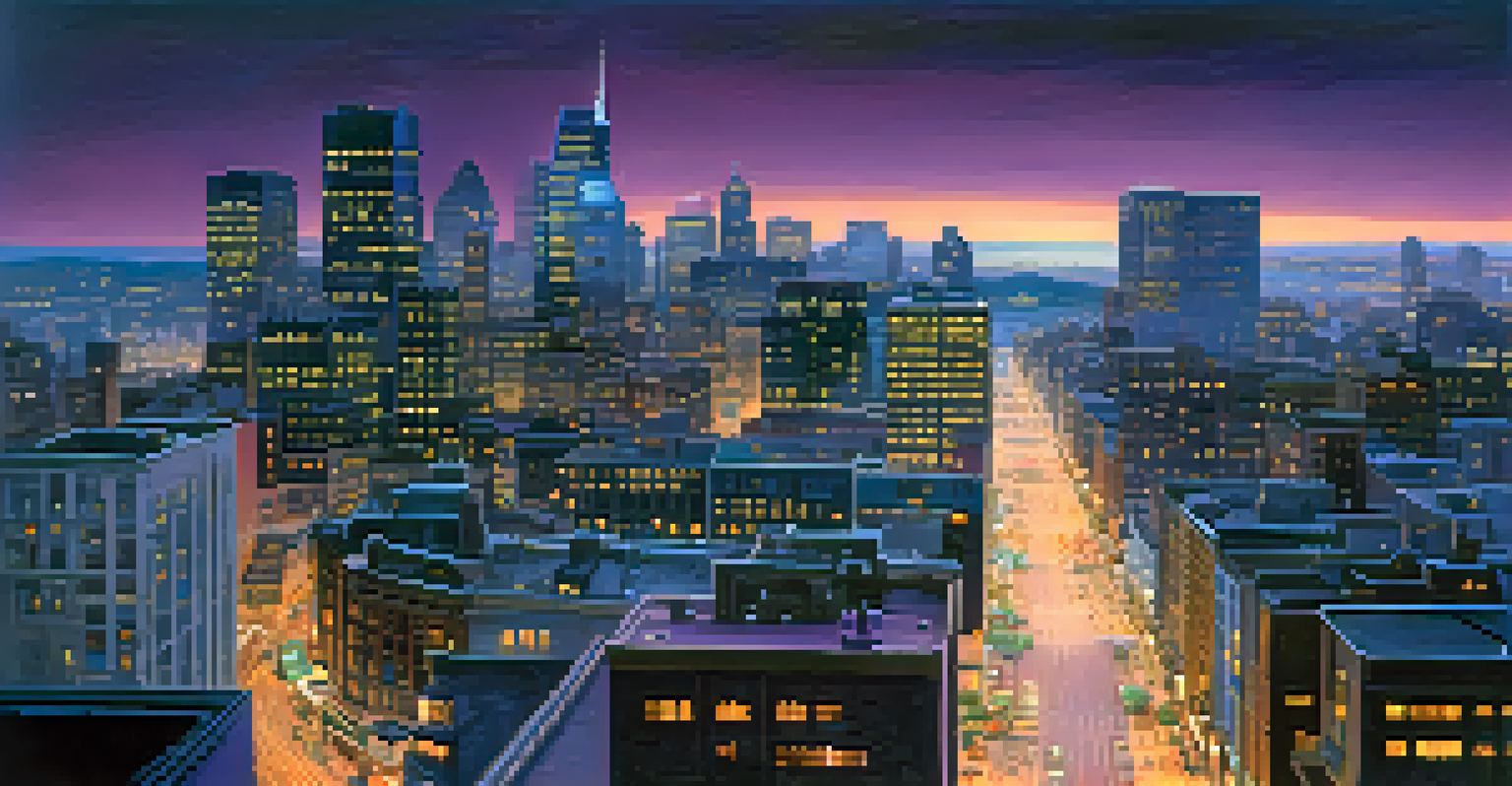 A city skyline at twilight with skyscrapers and bustling streets illuminated by street lamps.