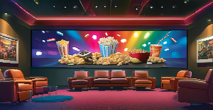 Interior view of a contemporary movie theater with comfortable seating, soft lighting, and a large screen showing a movie poster. Families and friends are enjoying snacks.