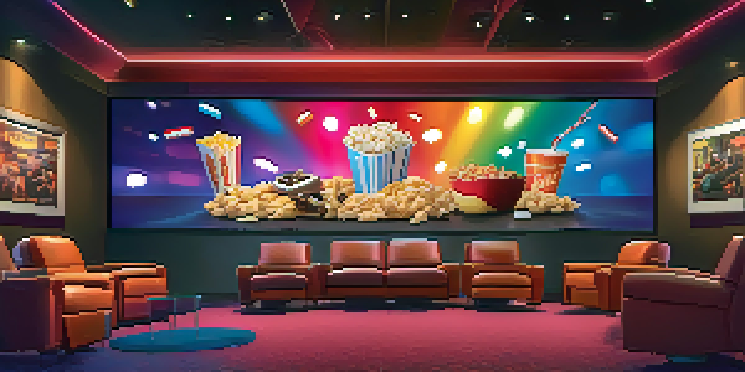 Interior view of a contemporary movie theater with comfortable seating, soft lighting, and a large screen showing a movie poster. Families and friends are enjoying snacks.