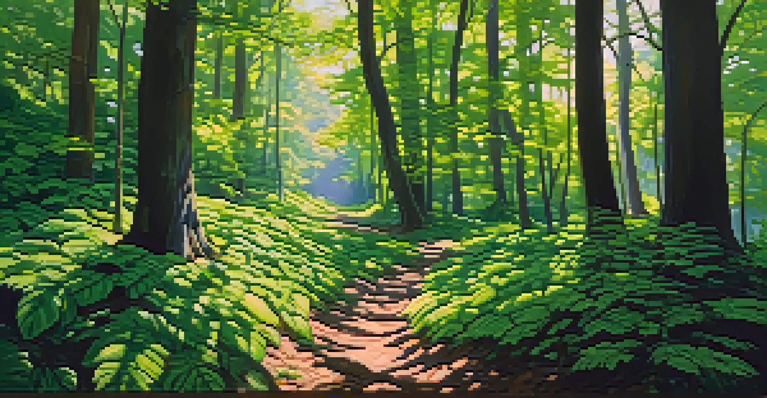 A vibrant green forest with sunlight filtering through leaves, creating patterns of light and shadow, symbolizing nature's beauty and complexity.