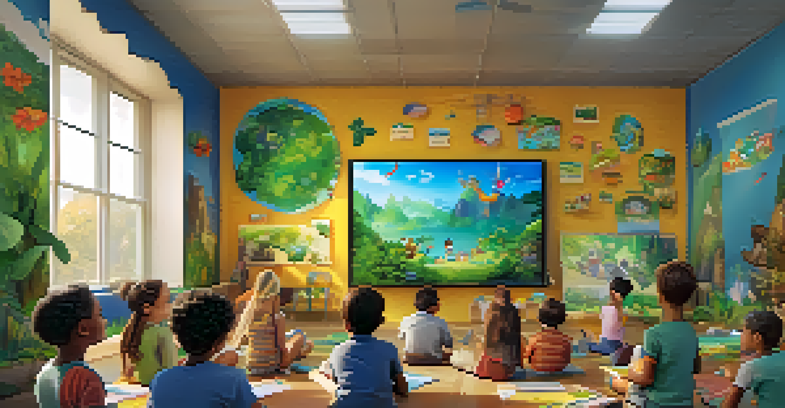 Children in a classroom watching an animated environmental conservation film, with excitement on their faces.