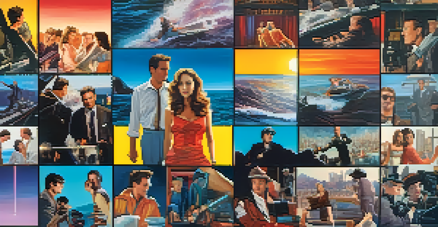 A colorful collage of film stills from different genres showcasing emotions and scenes, with a spotlight effect in the background.